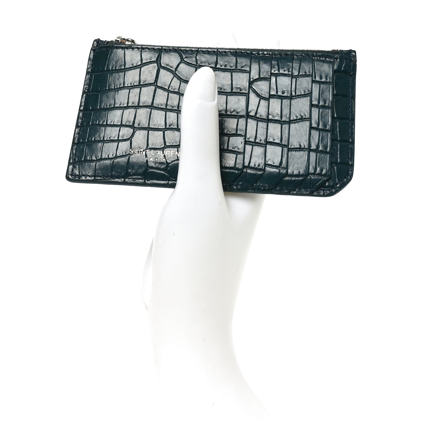 Calfskin Crocodile Embossed 5 Fragments Zip Pouch Card Holder Dark Turquoise