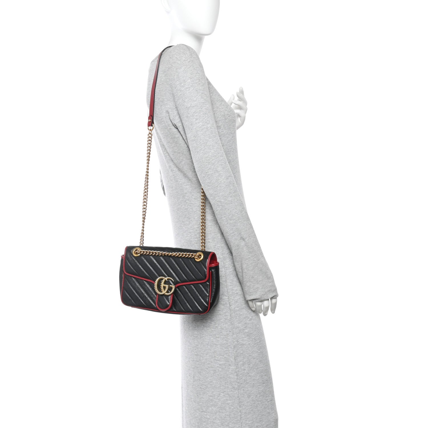 Gucci Vintage Effect Calfskin Matelasse Diagonal Small Torchon GG Marmont Shoulder Bag Black Romantic Cherry 2 of 11