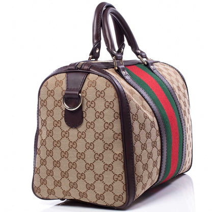 Gucci Monogram Selleria Calfskin Vintage Web Medium Boston Beige Ebony Cocoa 3 of 9