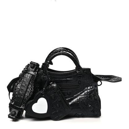 Balenciaga Semi Shiny Calfskin Crocodile Embossed Monochrome Neo Cagole Handbag XS Black 3 of 10