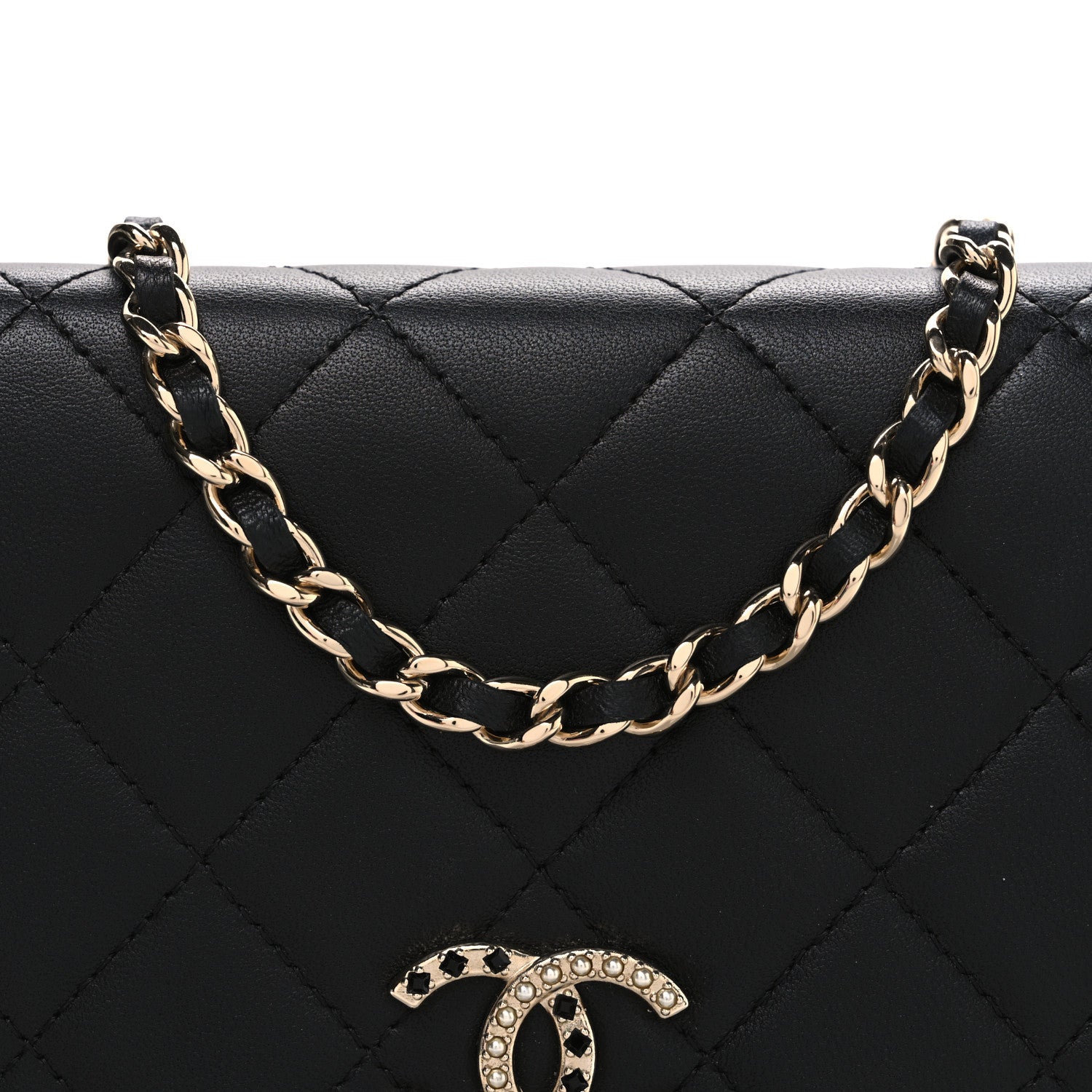 Chanel Lambskin Pearl Strass Quilted CC Wallet on Chain WOC Black 9 of 11