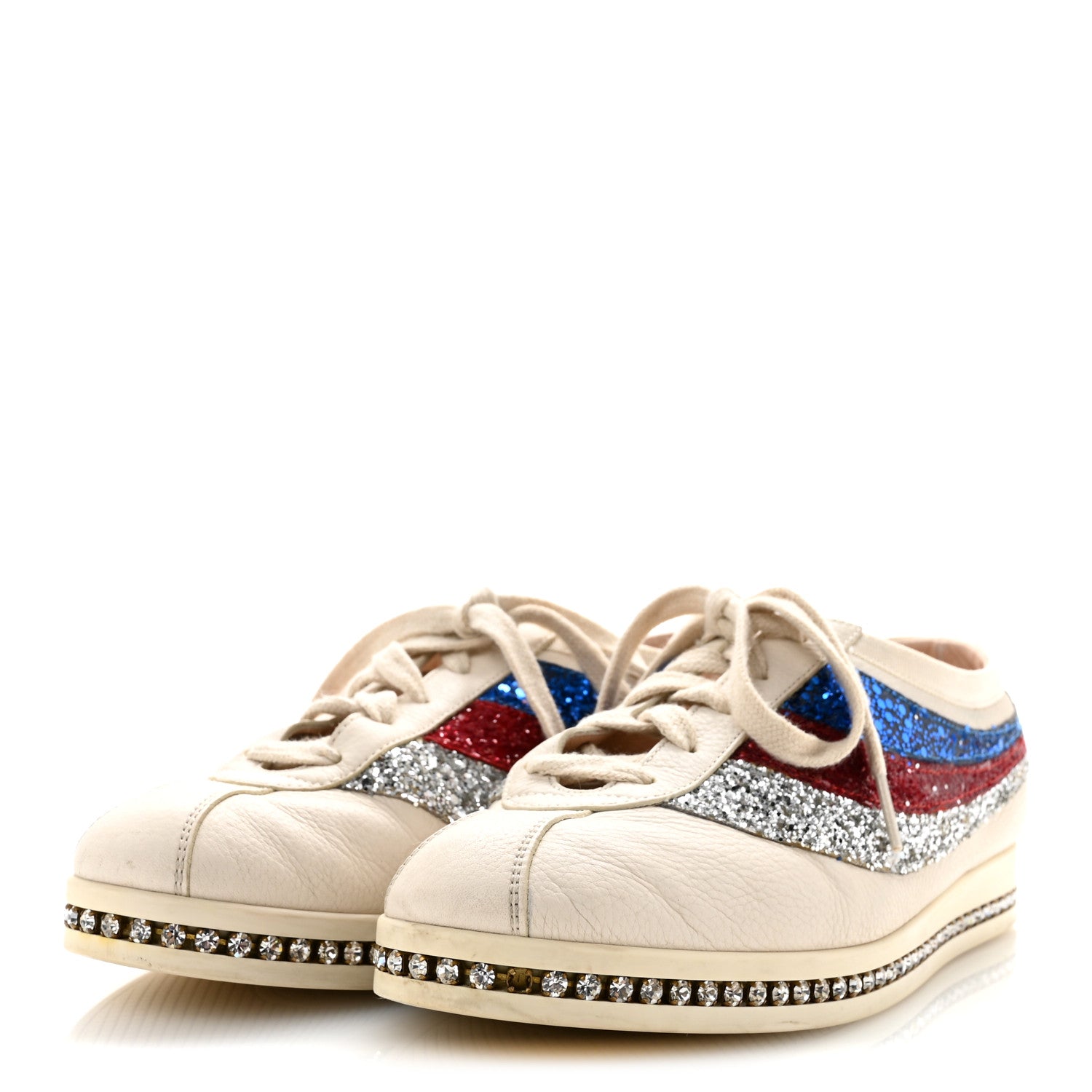Gucci Calfskin Glitter Crystal Womens Sylvie Web Falacer Sneakers 38 White 4 of 14