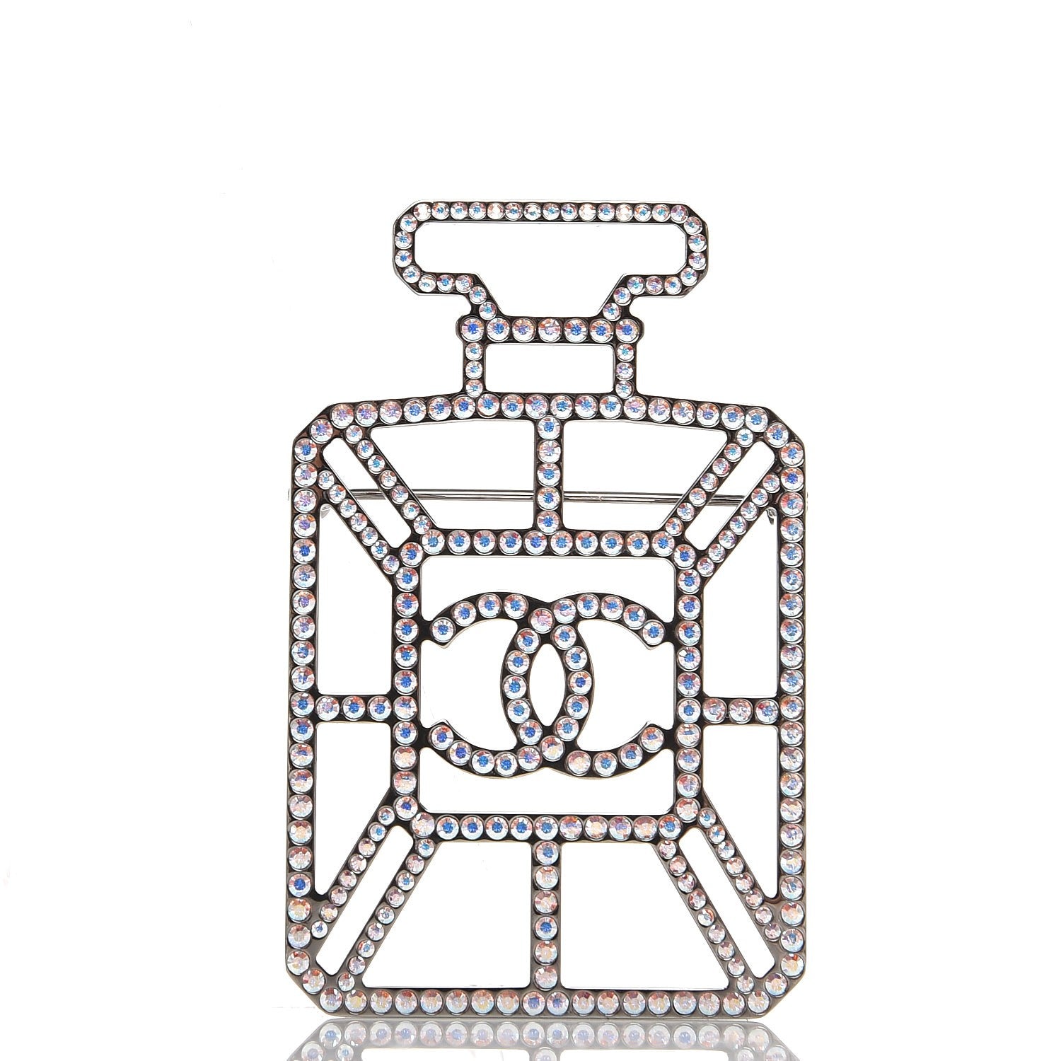 Chanel Crystal Perfume Bottle CC Brooch Ruthenium Iridescent Blue 1 of 5