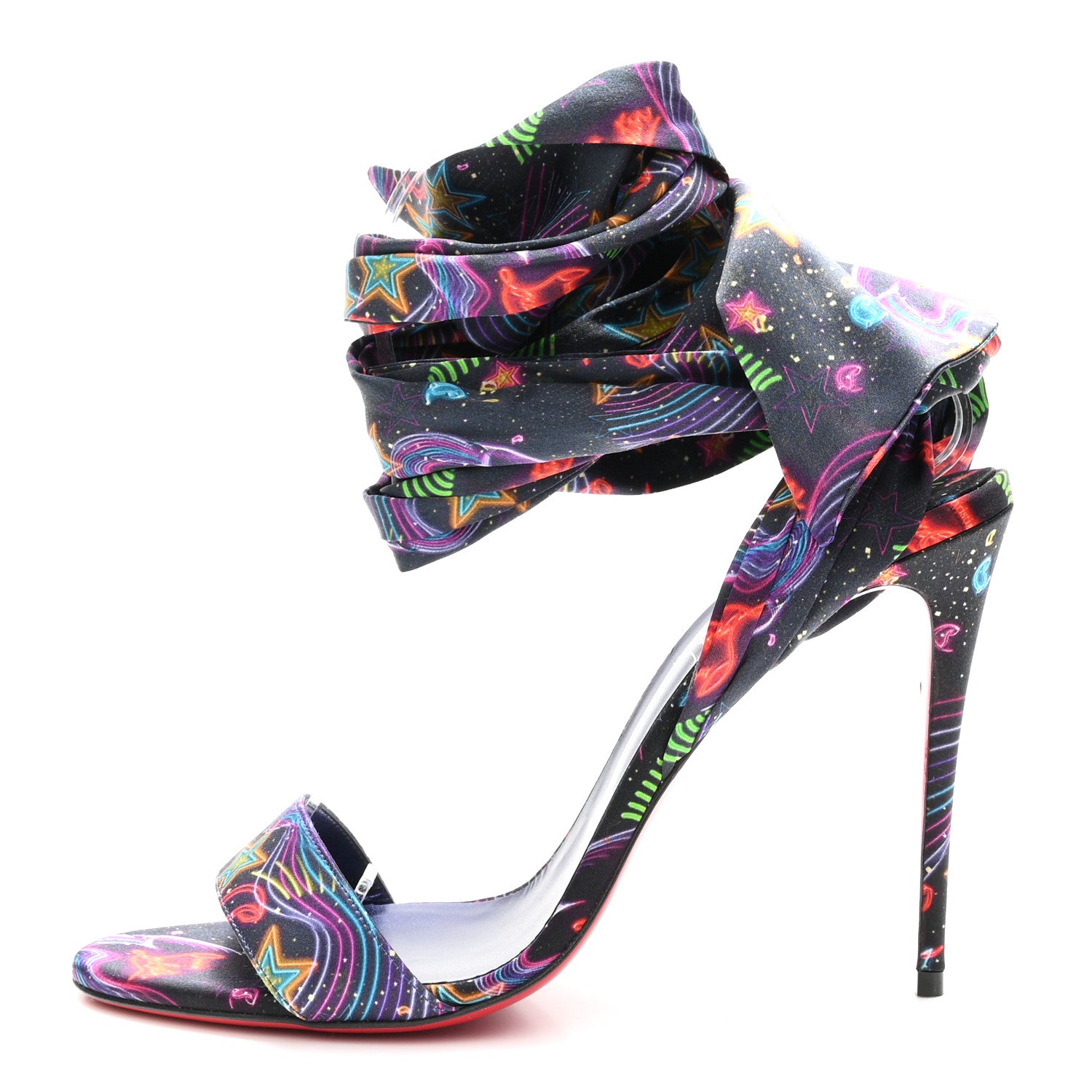 Christian Louboutin Crepe Satin Starlight Sandale Du Desert 100 Ankle Wrap Sandals  39.5 Black Multicolor 1 of 8