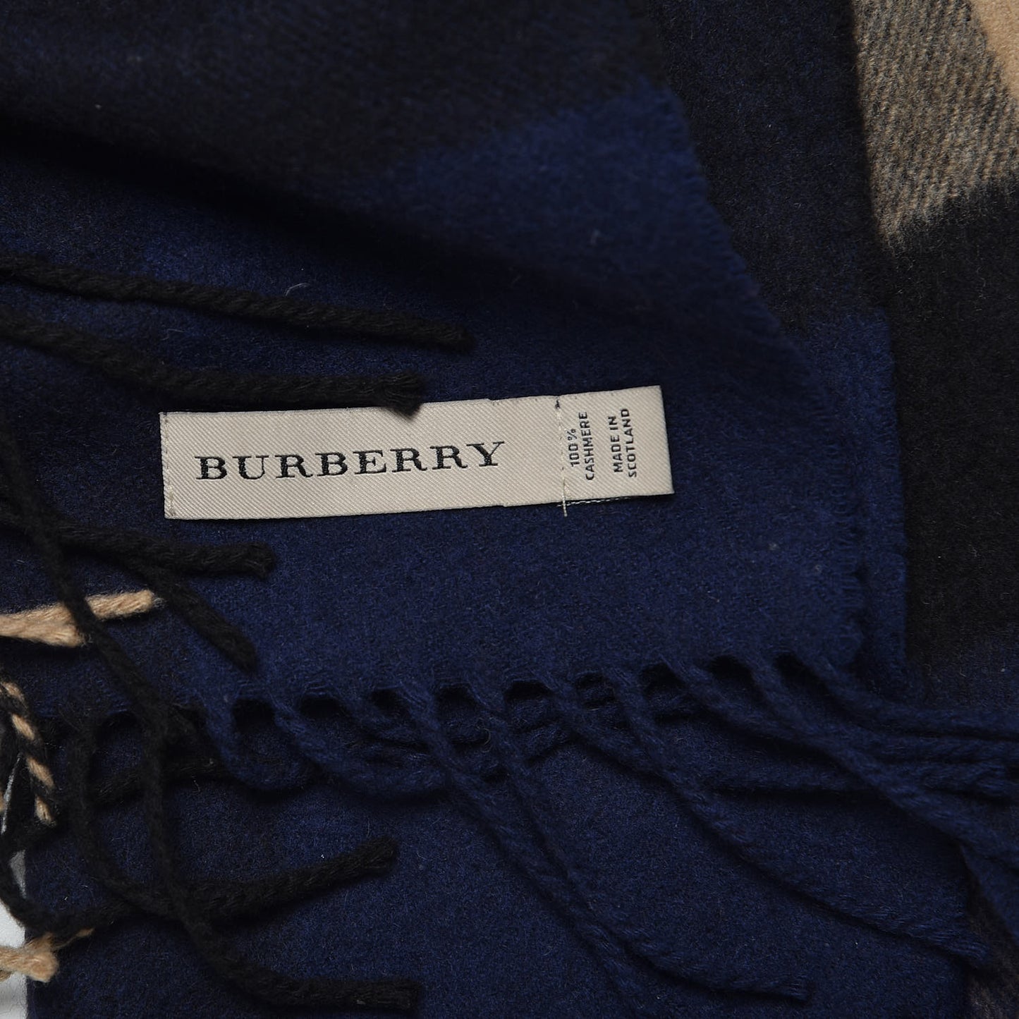 Cashmere Giant Check Fringe Scarf Blue