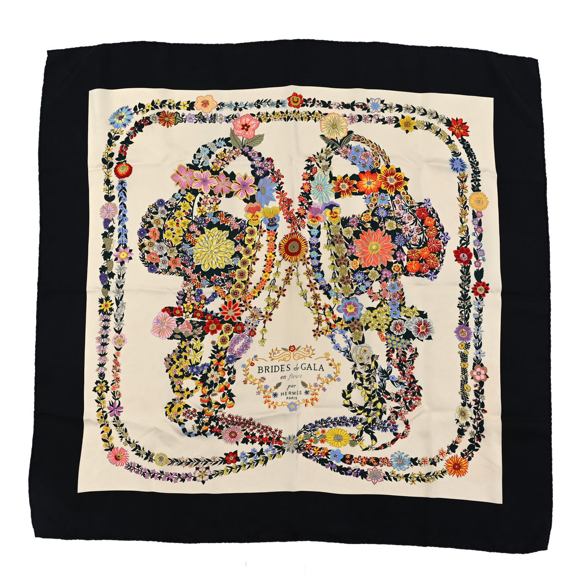 Hermes Silk Brides De Gala En Fleurs Scarf 90 Black Ivory Multicolor 1 of 3