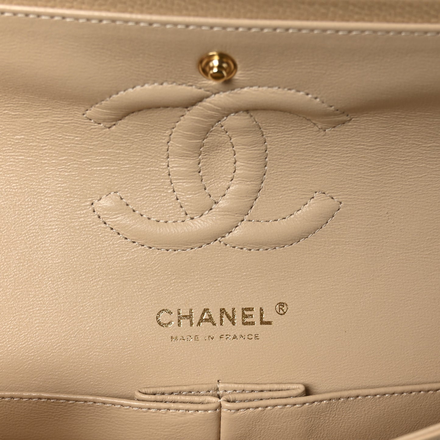 Caviar Quilted Medium Double Flap Beige