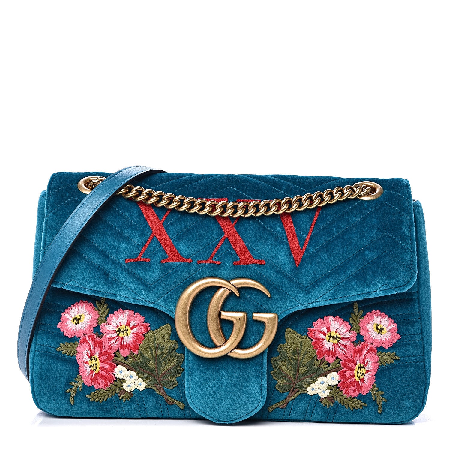Gucci Velvet Matelasse XXV Embroidered Medium GG Marmont Shoulder Bag Pavone Cyan 1 of 11