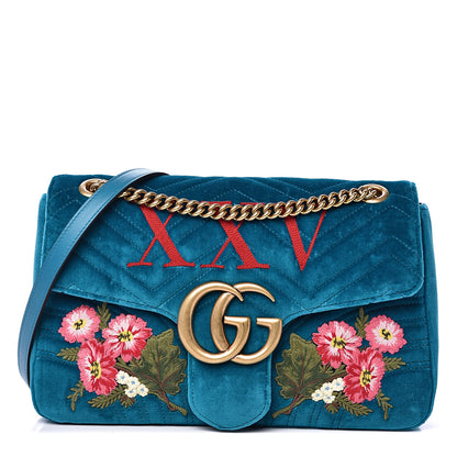 Gucci Velvet Matelasse XXV Embroidered Medium GG Marmont Shoulder Bag Pavone Cyan 1 of 11
