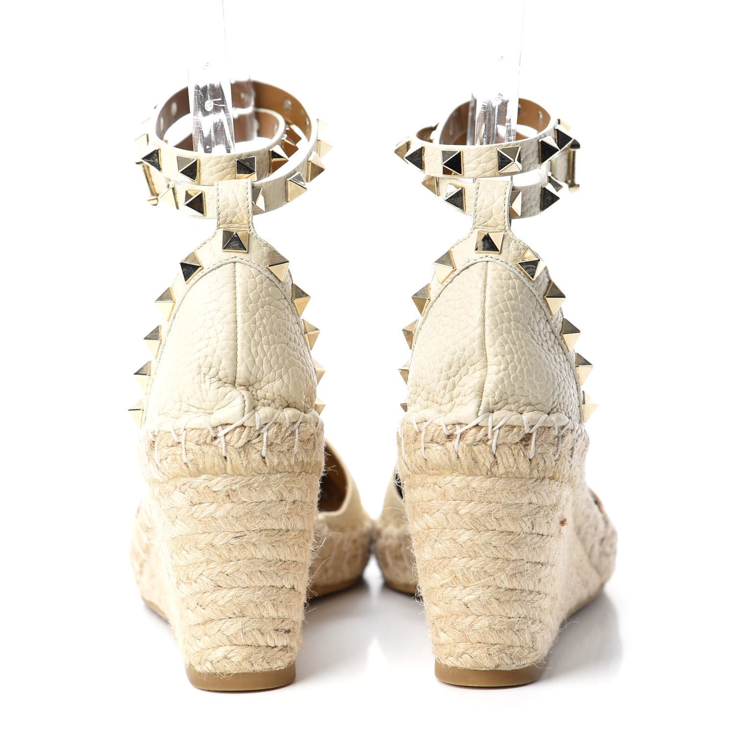 Grained Calfskin Rockstud Ankle Wrap Espadrille 15/85mm Wedges 36 Light Ivory