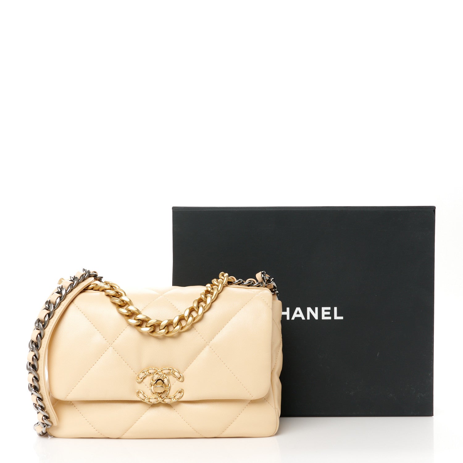 Chanel Shiny Goatskin Quilted Medium Chanel 19 Flap Beige 11 of 11