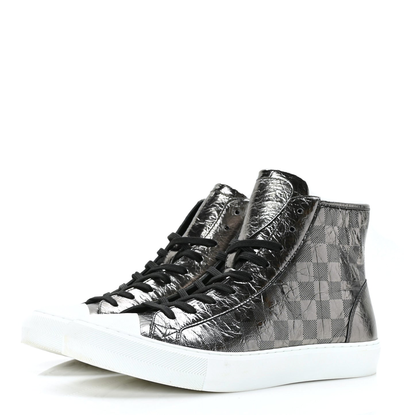 Metallic Patent Calfskin Embossed Damier Mens High Top Sneakers 7 Grey
