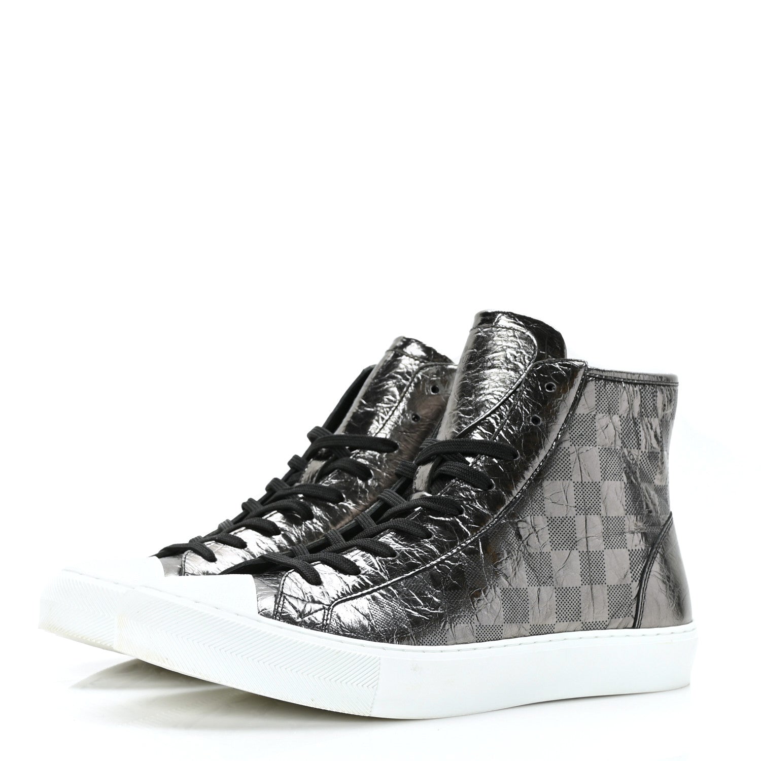 Louis Vuitton Metallic Patent Calfskin Embossed Damier Mens High Top Sneakers 7 Grey 2 of 8