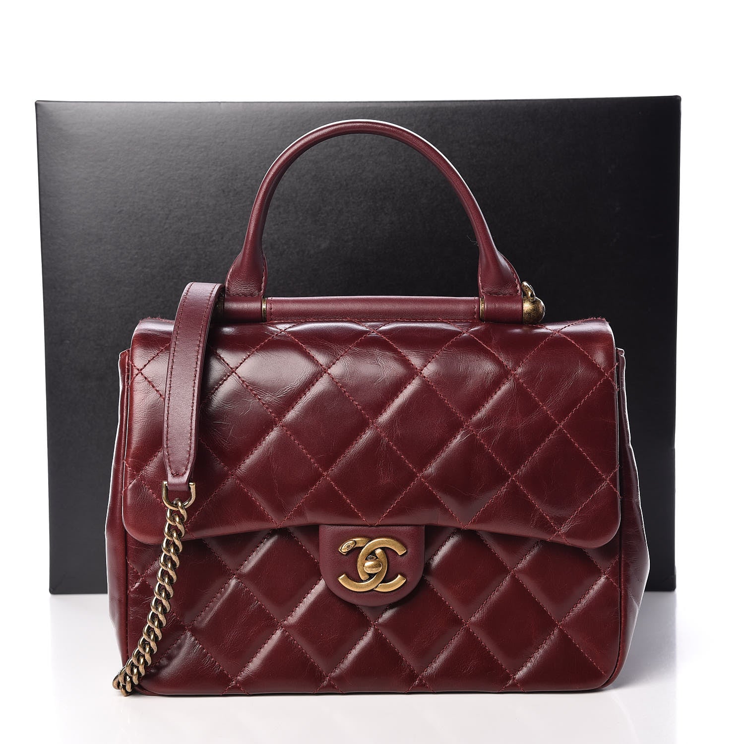 Chanel Calfskin Quilted Medium Gold Bar Top Handle Flap Burgundy 12 of 12