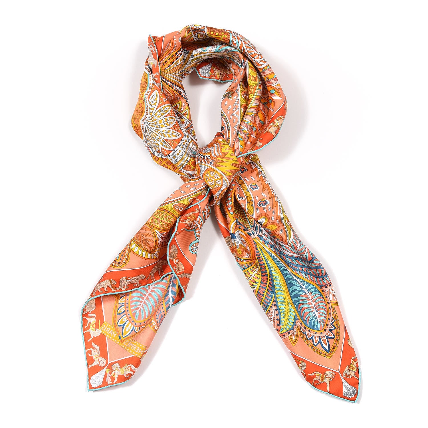 Hermes Silk Le Jardin De La Maharani Scarf 90 Saumon Orange Turquoise 2 of 5