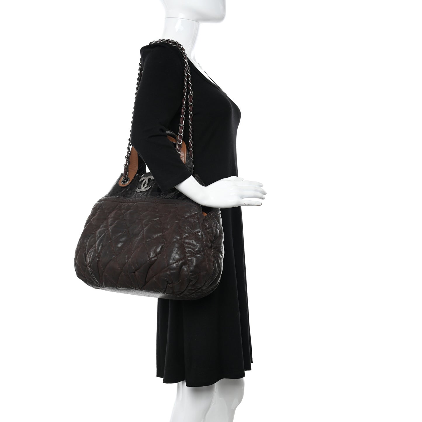 Iridescent Calfskin Quilted Large In The Mix Tote Dark Brown