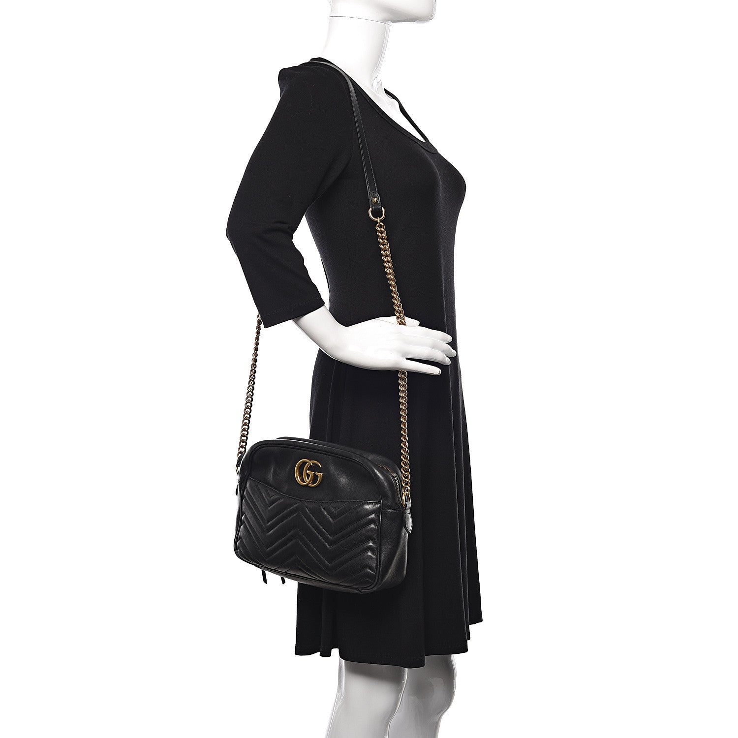 Gucci Calfskin Matelasse Medium GG Marmont Chain Shoulder Bag Black 2 of 15