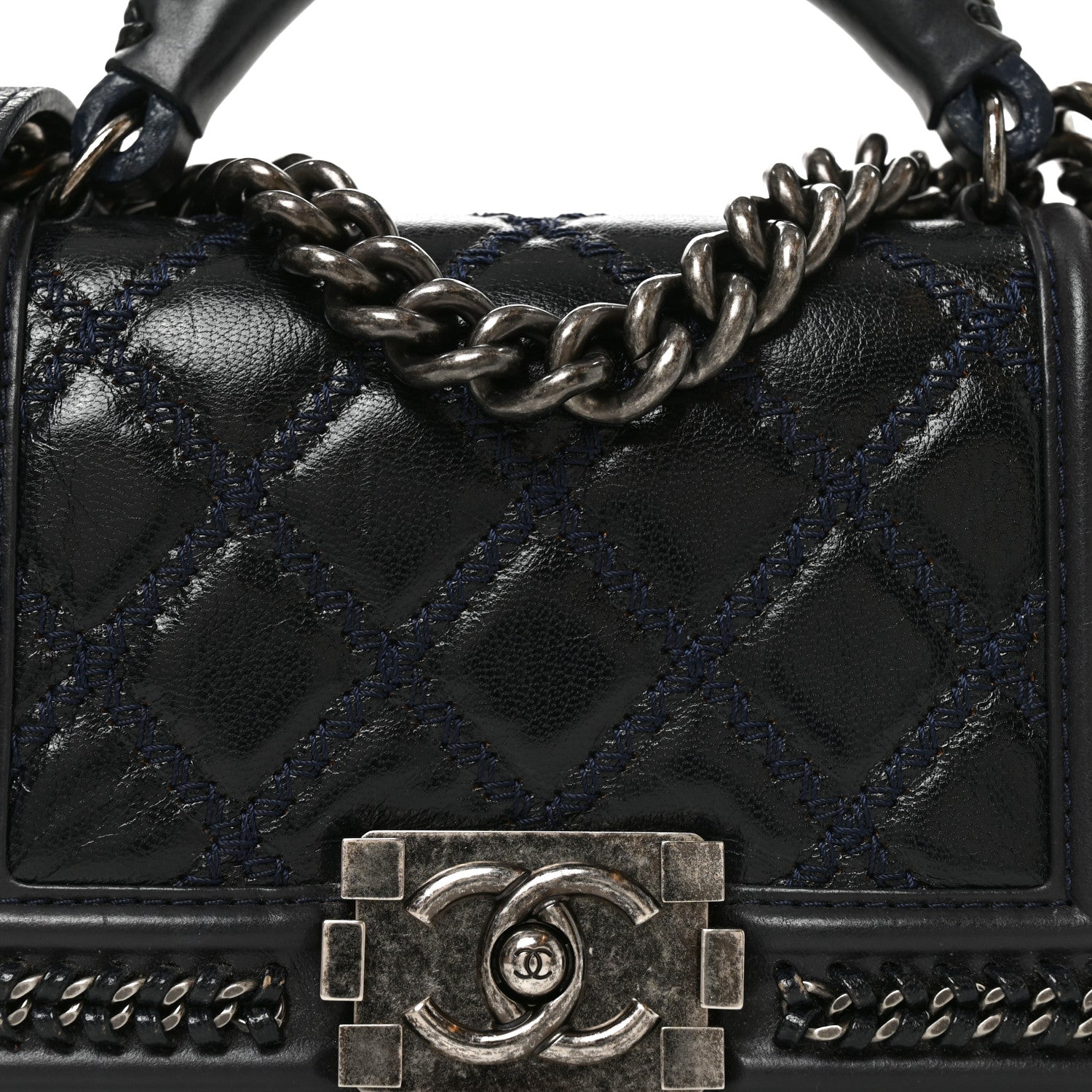 Chanel Shiny Goatskin Quilted Small Boy Top Handle Flap Navy Blue 8 of 10