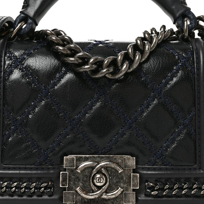 Chanel Shiny Goatskin Quilted Small Boy Top Handle Flap Navy Blue 8 of 10