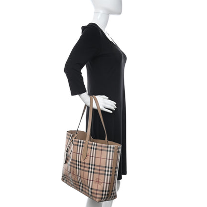 Burberry Grainy Calfskin Haymarket Check Medium Reversible Tote Camel 3 of 28