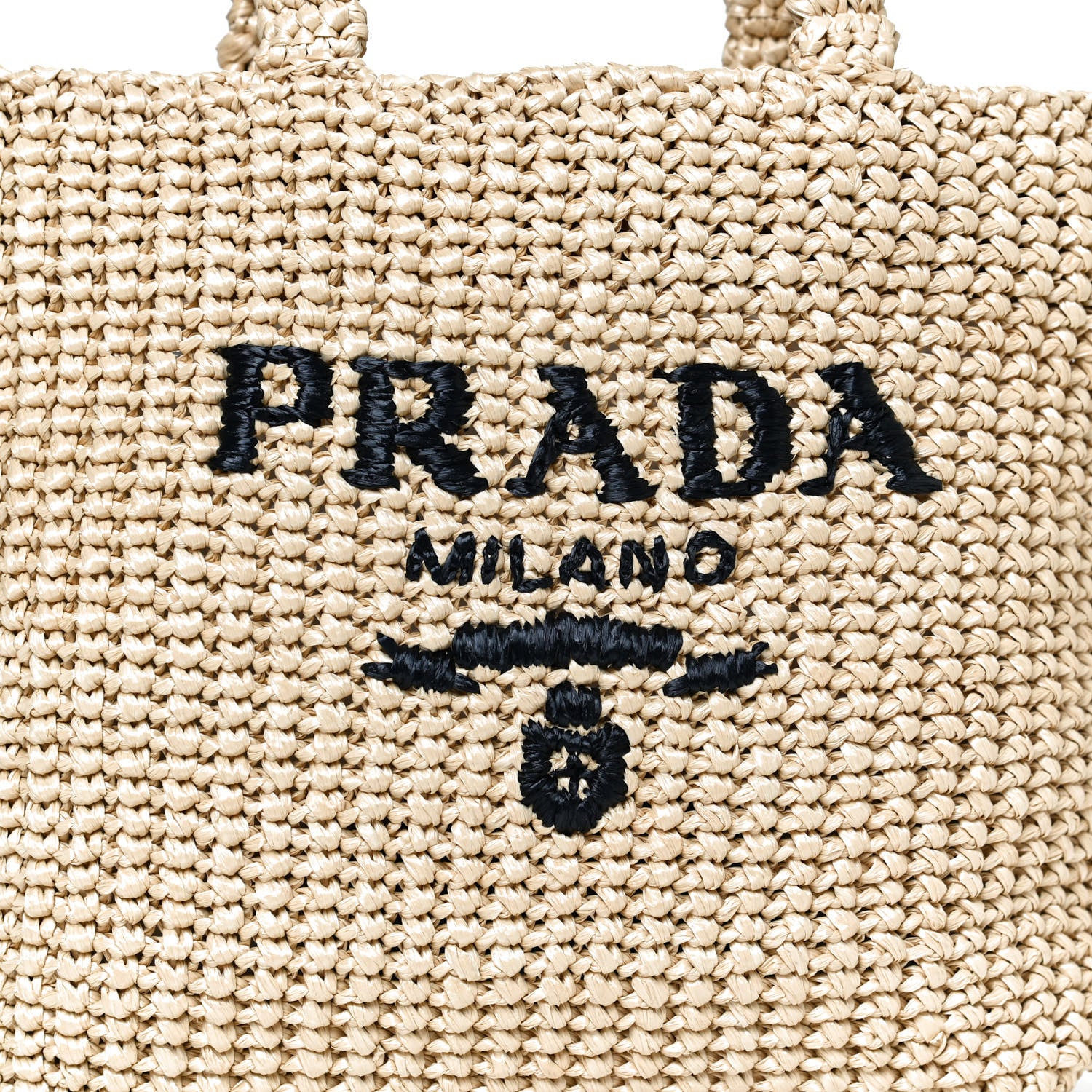 Prada Yarn Raffia Effect Crochet Embroidered Small Logo Tote Naturale 8 of 10