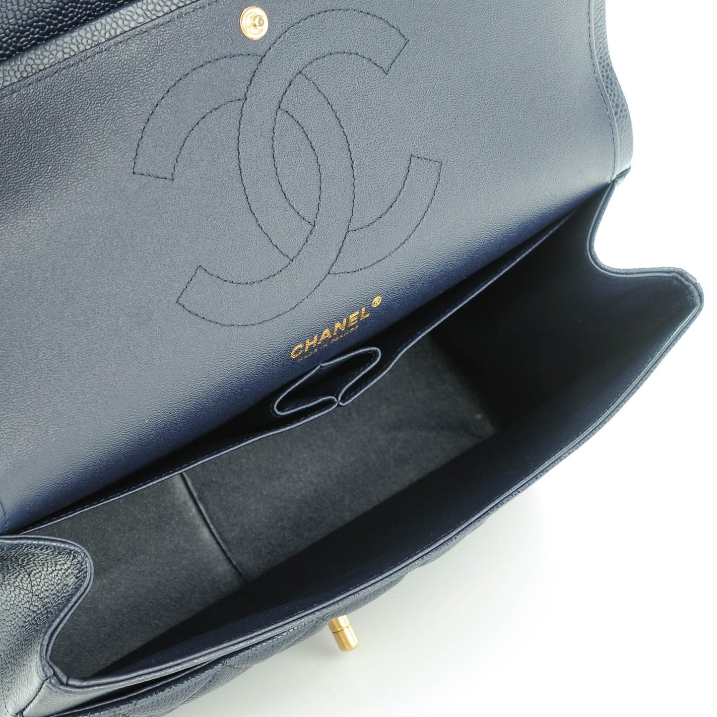 Caviar Quilted Jumbo Double Flap Navy Blue