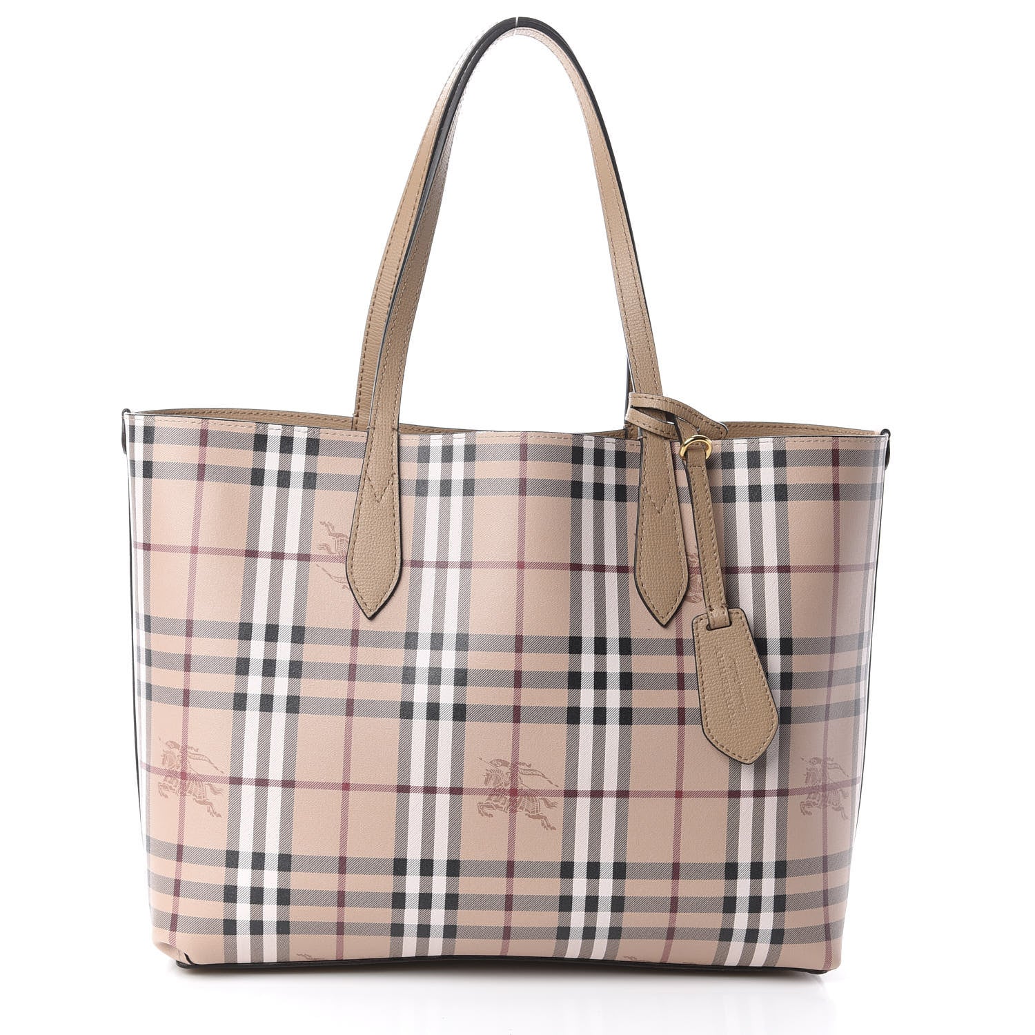 Burberry Grainy Calfskin Haymarket Check Medium Reversible Tote Camel 2 of 14