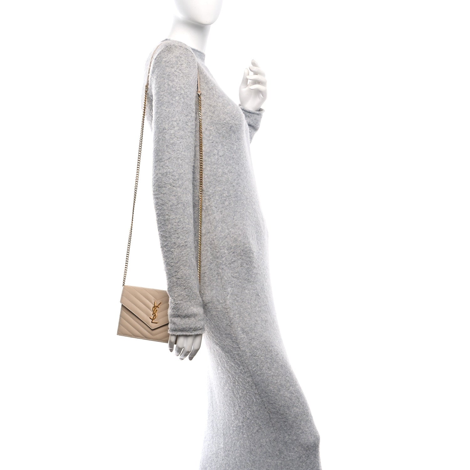 Saint Laurent Grain De Poudre Matelasse Chevron Monogram Envelope Chain Wallet Nude Powder 2 of 10