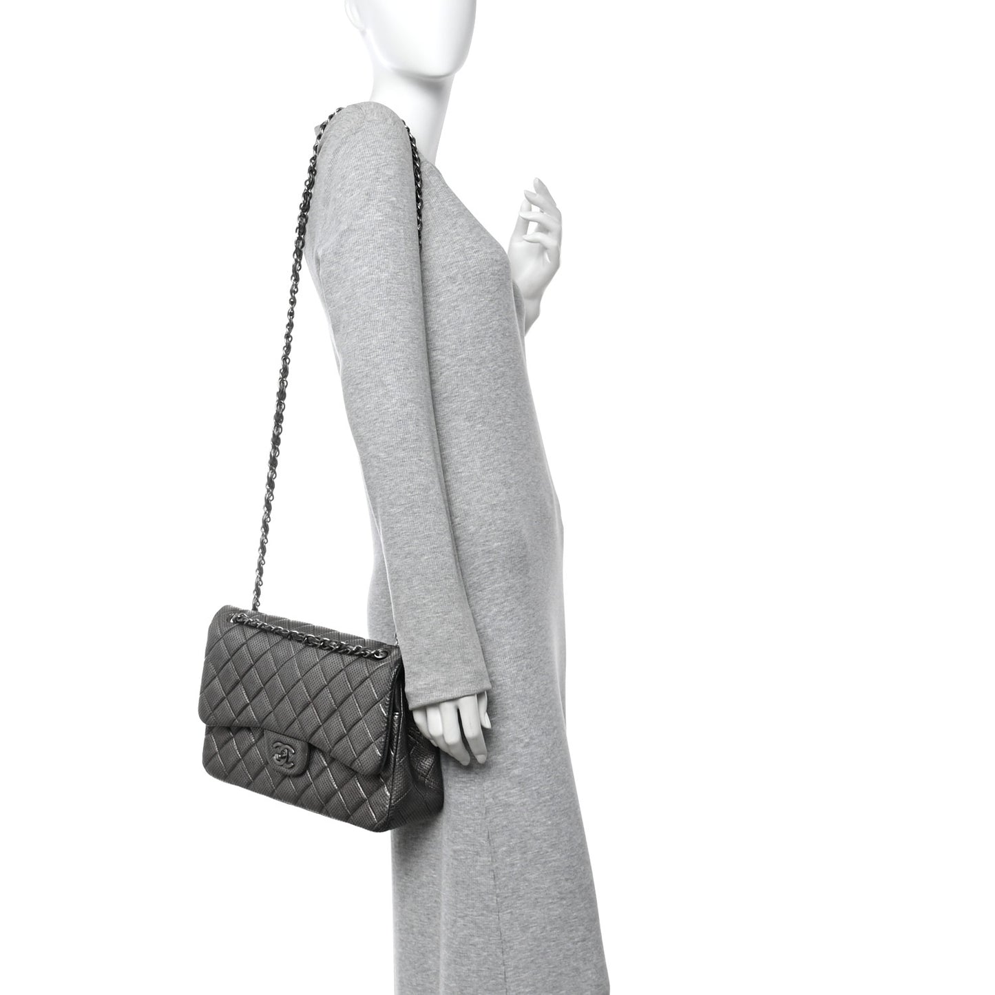 Metallic Perforated Lambskin Quilted Jumbo Double Flap  Dark Silver