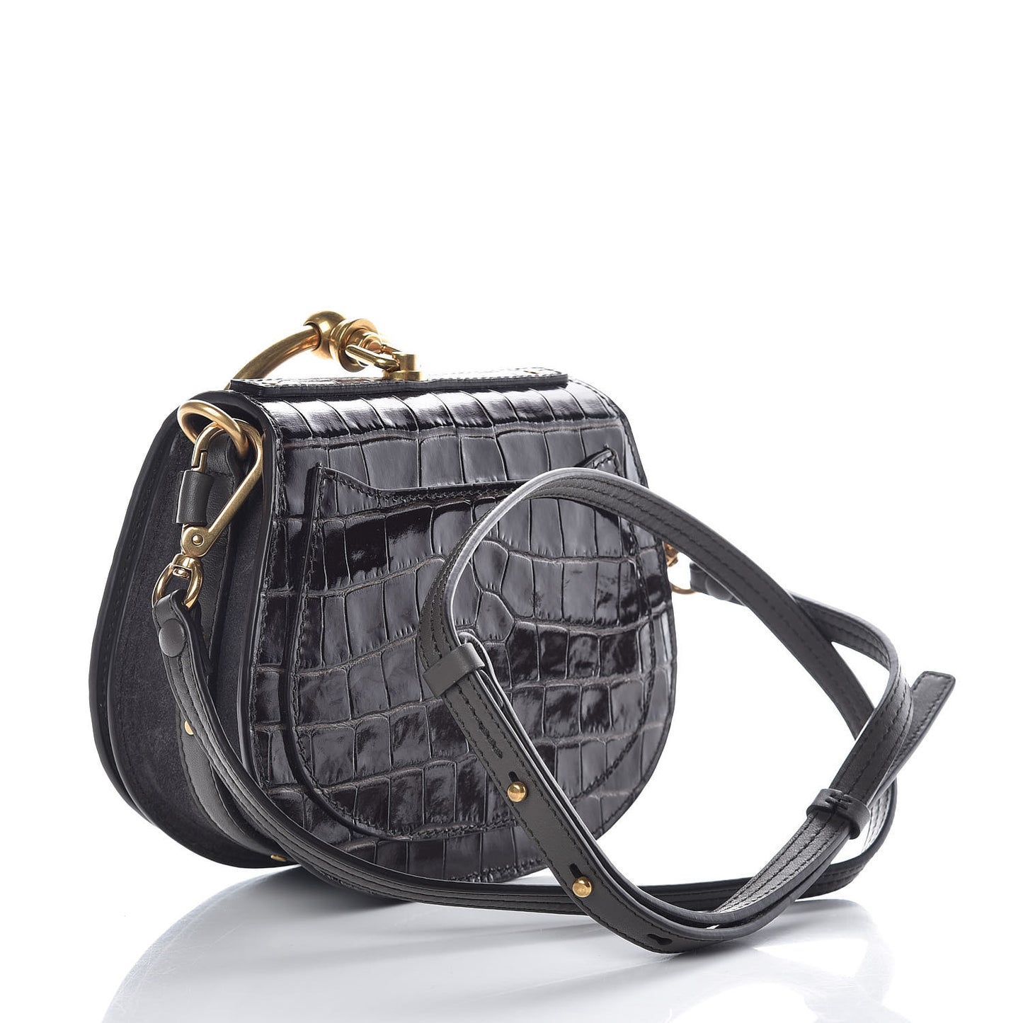 Suede Calfskin Crocodile Embossed Small Nile Bracelet Bag Profound Brown