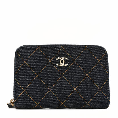 Chanel Denim Quilted Zip Coin Purse Dark Blue Orange 1 of 8