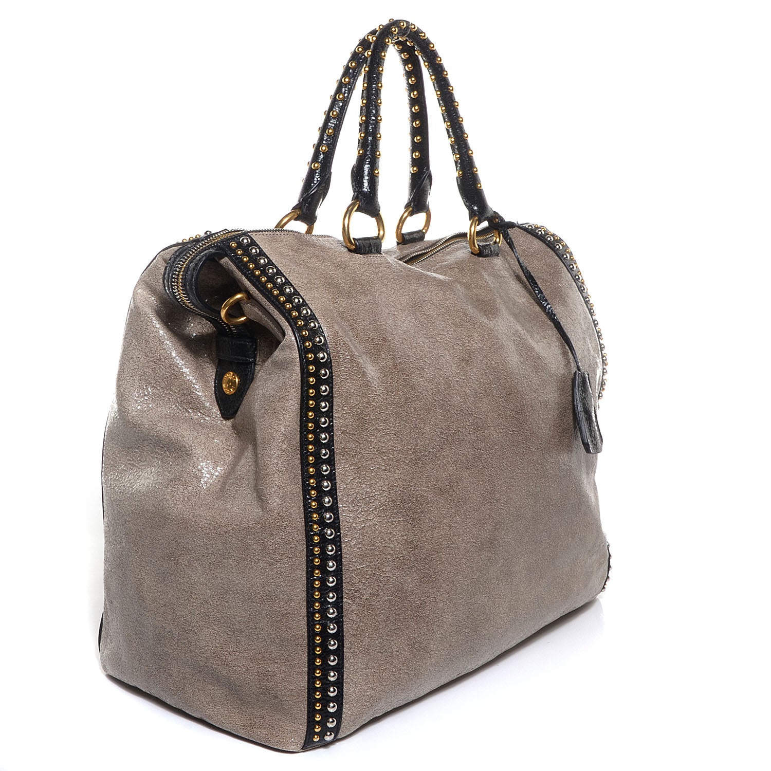 Prada Crackled Calfskin Studded Tote Talco Black 3 of 12