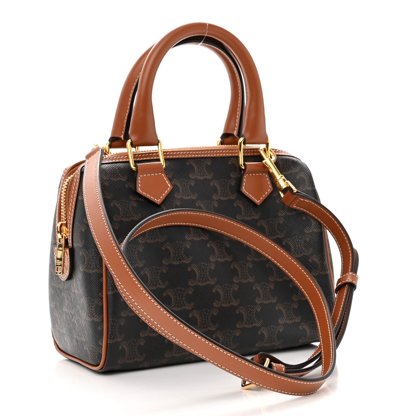 Triomphe Canvas Calfskin Small Boston Bag Tan