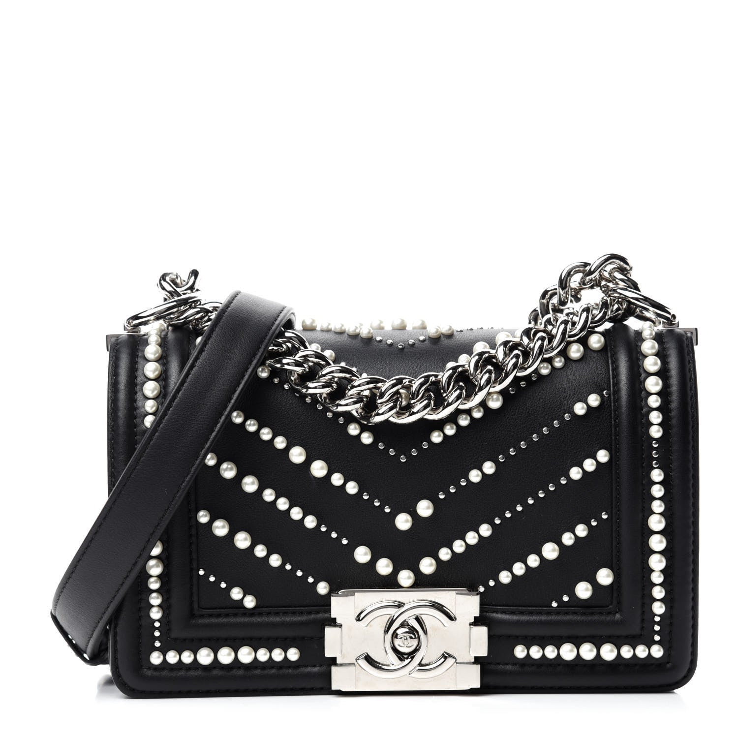 Chanel Calfskin Pearl Chevron Small Boy Flap Black 1 of 11