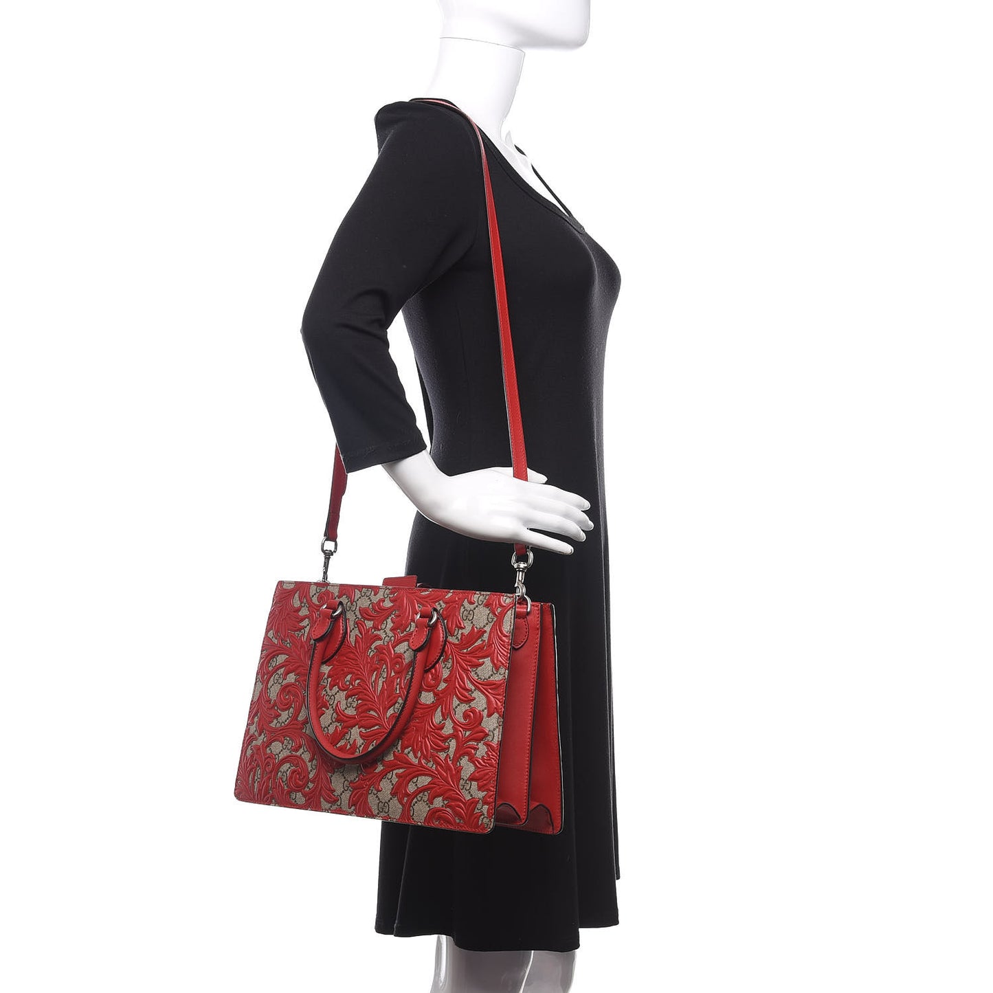 GG Supreme Monogram Arabesque Small Top Handle Bag Beige Hibiscus Red