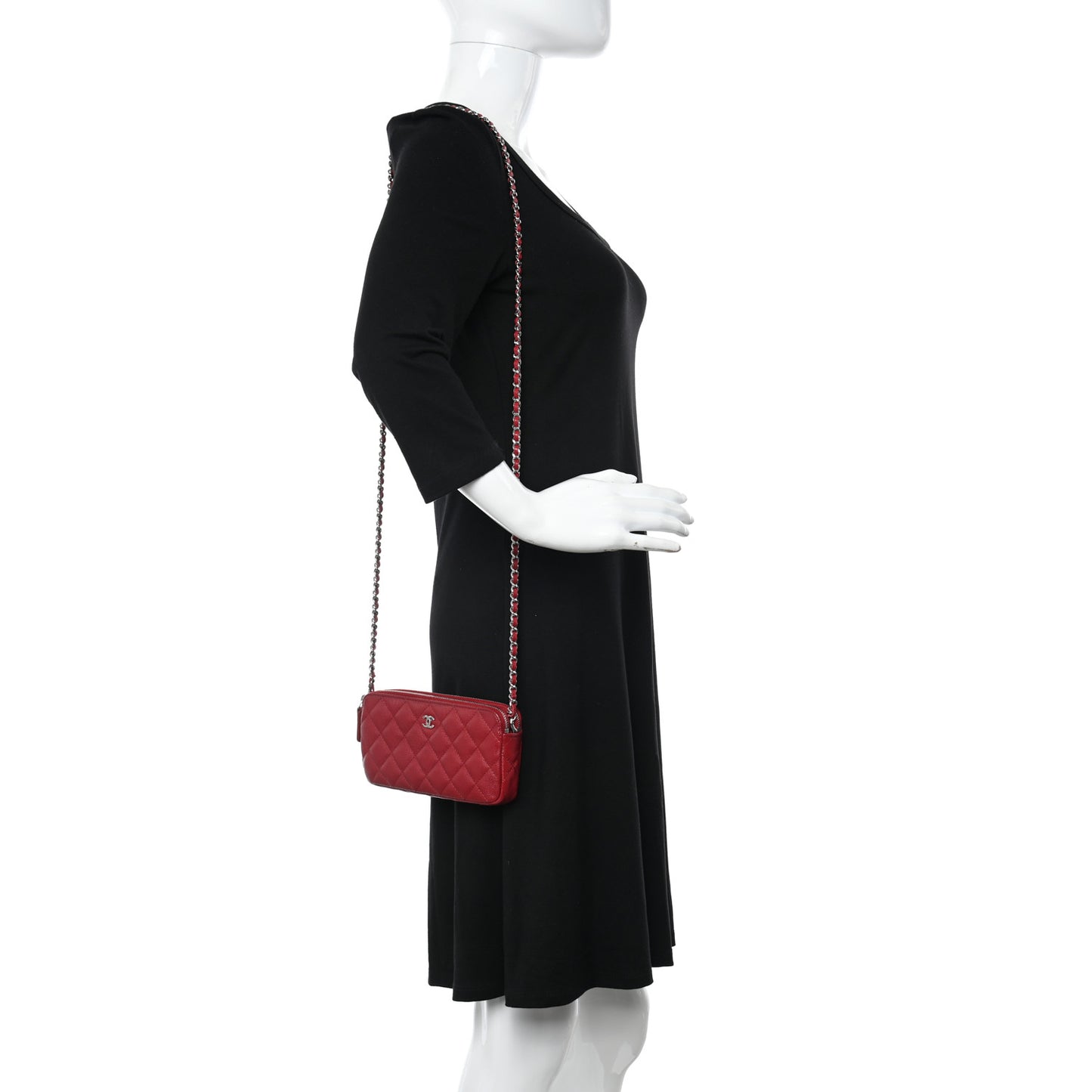 Caviar Quilted Small Clutch With Chain Dark Red