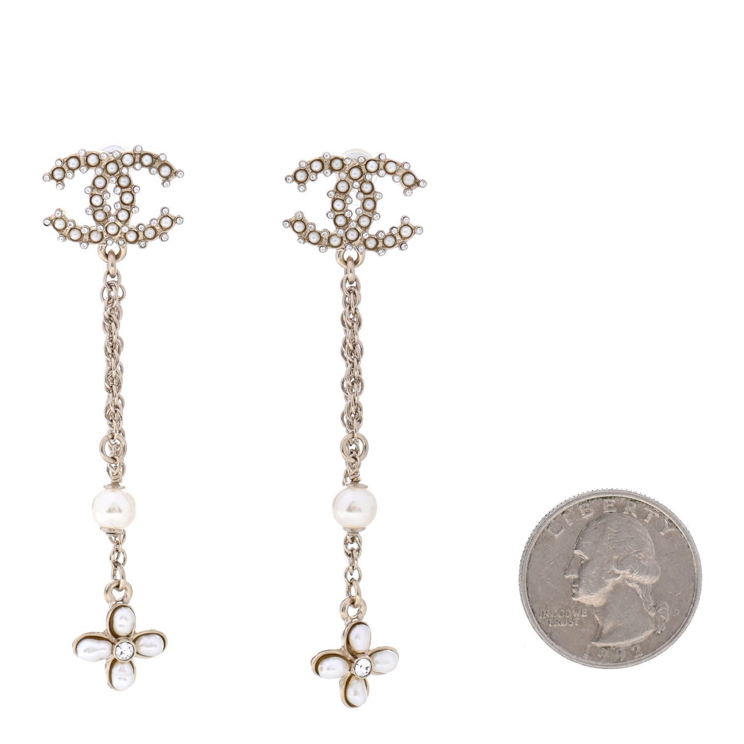 Pearl Chain Camellia CC Drop Earrings Pearly White Gold