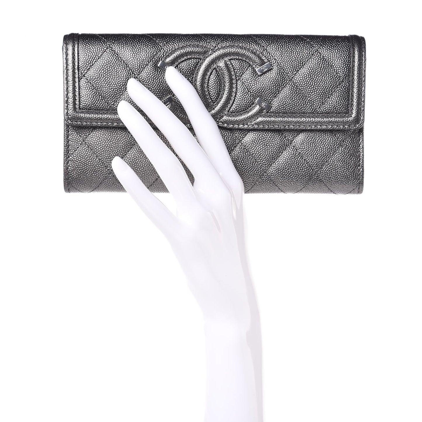 Metallic Caviar Filigree Flap Wallet Dark Silver