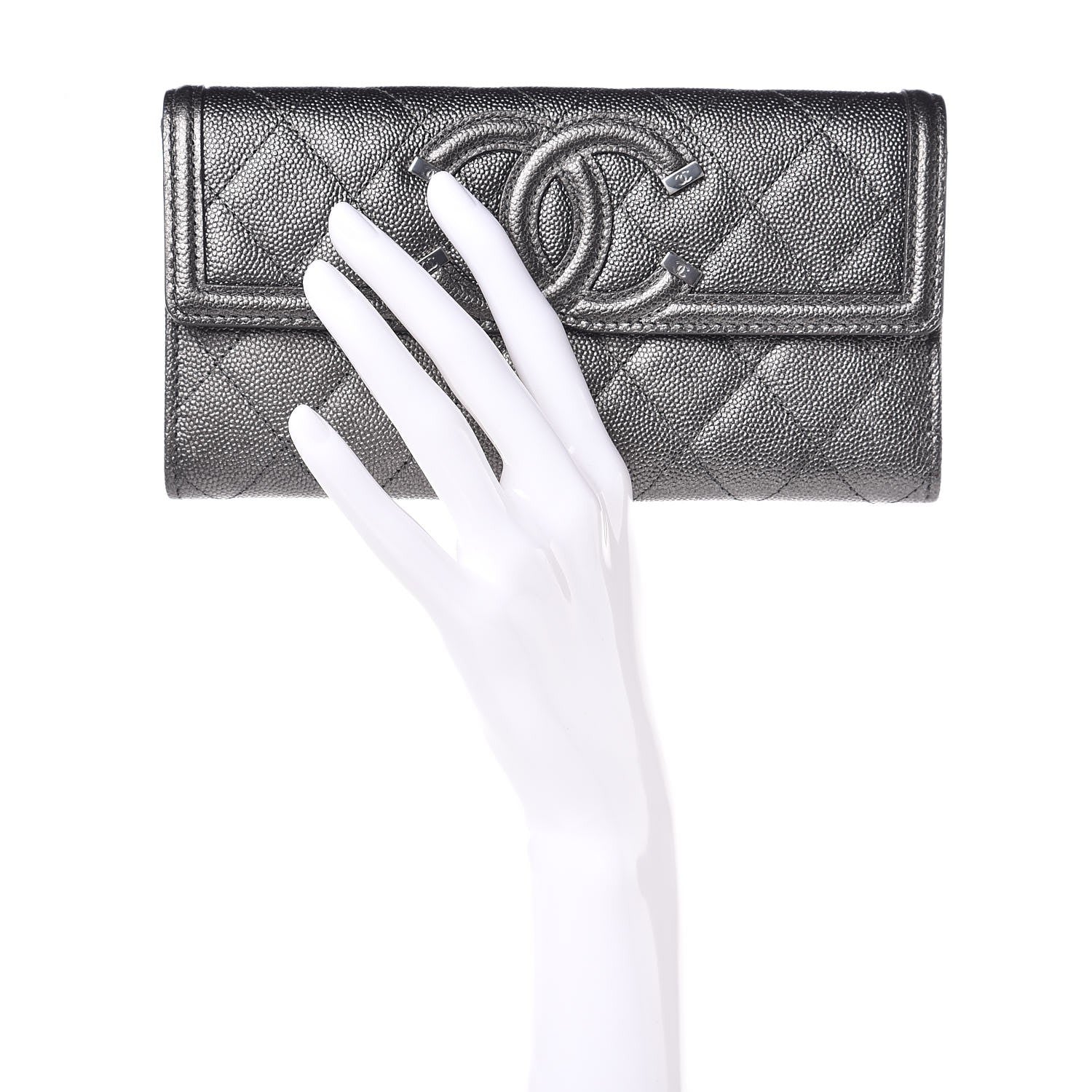 Chanel Metallic Caviar Filigree Flap Wallet Dark Silver 2 of 9