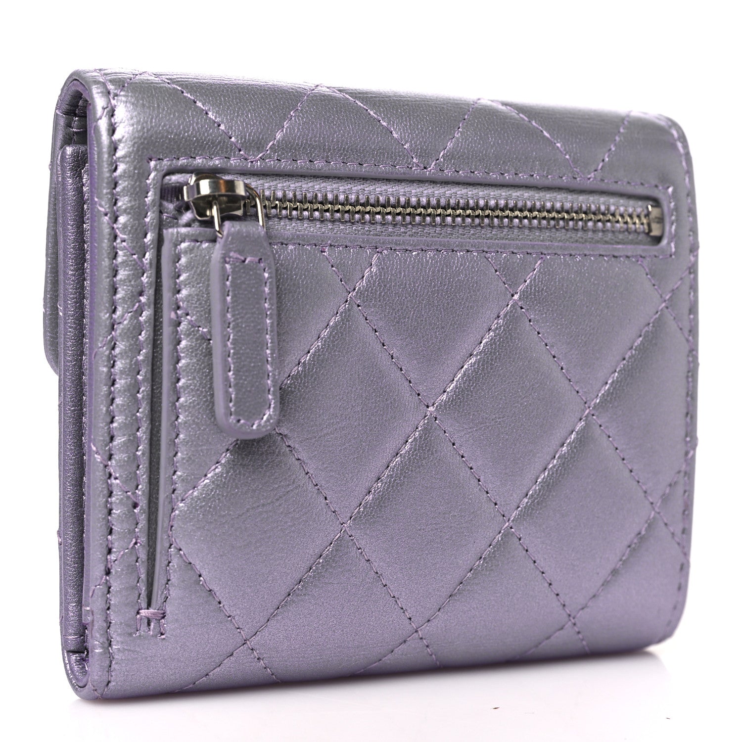Chanel Iridescent Lambskin Quilted Compact Flap Wallet Purple