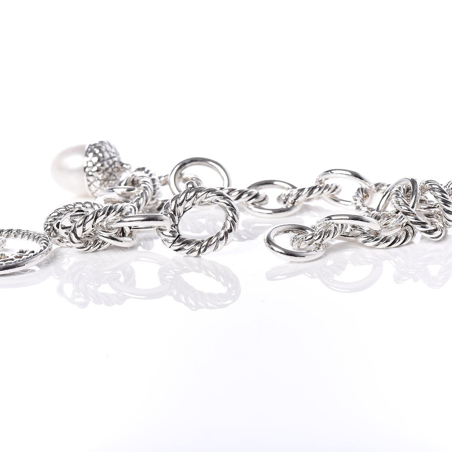 Sterling Silver Diamond Freshwater Pearl 9.5mm Oval Link Charm Bracelet