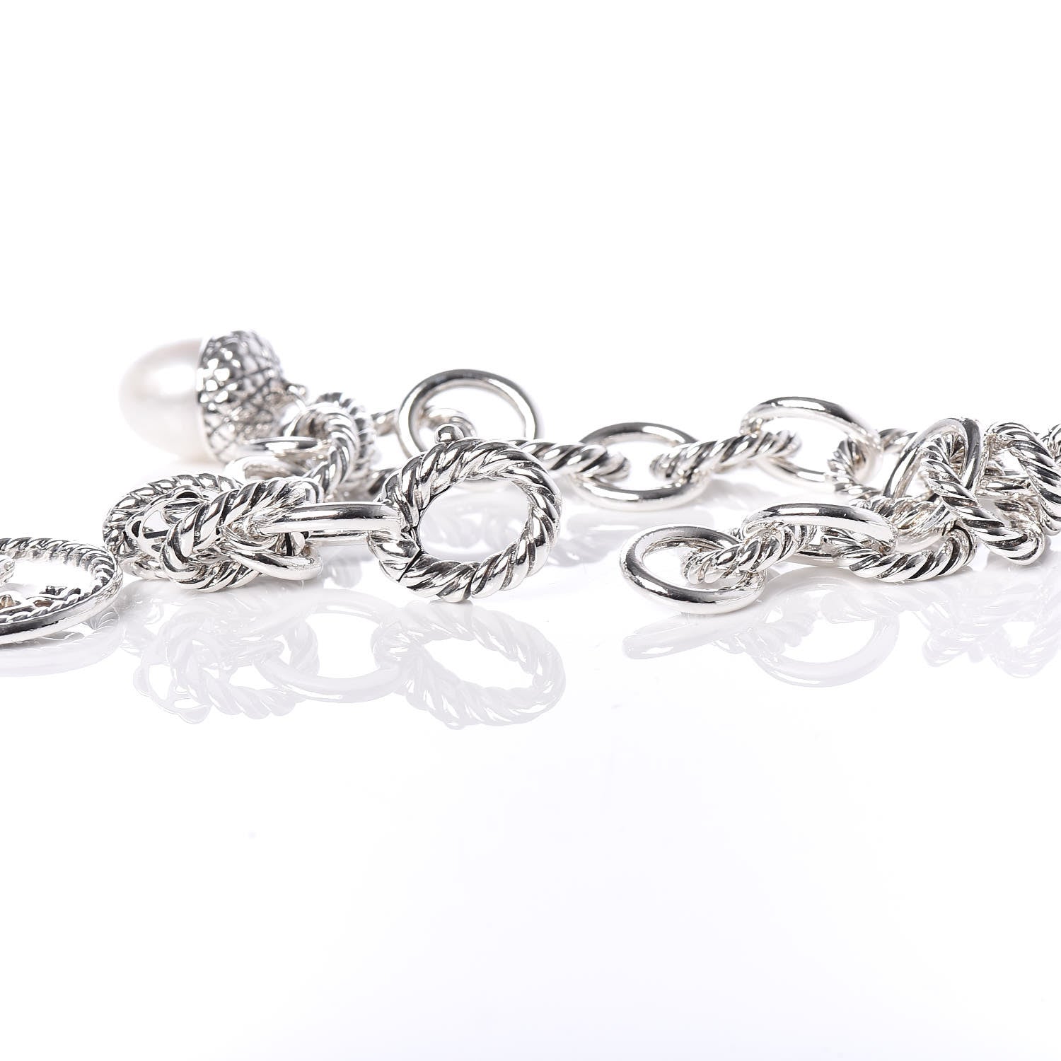 David Yurman Sterling Silver Diamond Freshwater Pearl 9.5mm Oval Link Charm Bracelet 5 of 5