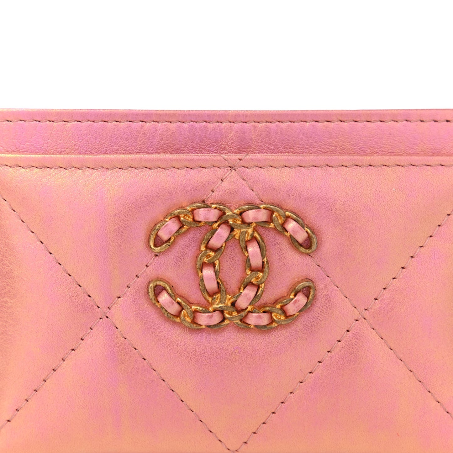 Iridescent Calfskin Quilted Chanel 19 Card Holder Pink