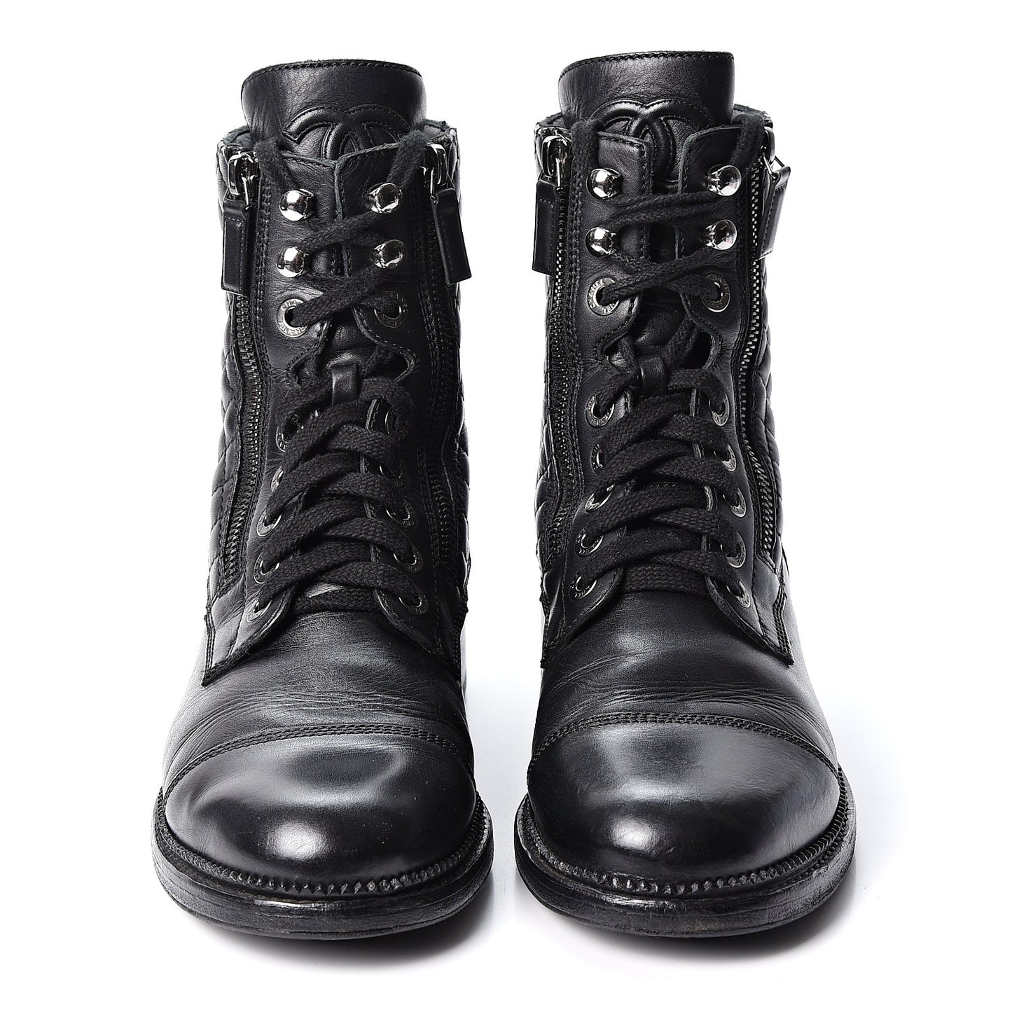 Calfskin Quilted Lace Up Combat Boots 38.5 Black