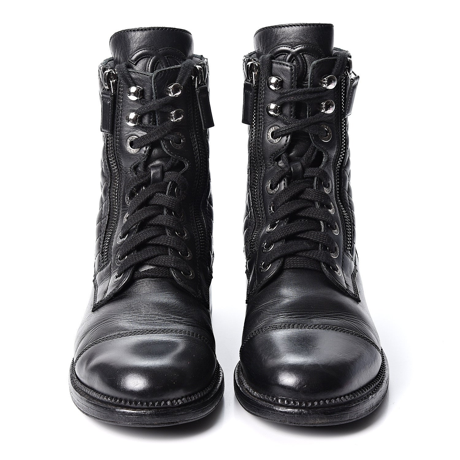 Chanel Calfskin Quilted Lace Up Combat Boots 38.5 Black 2 of 10