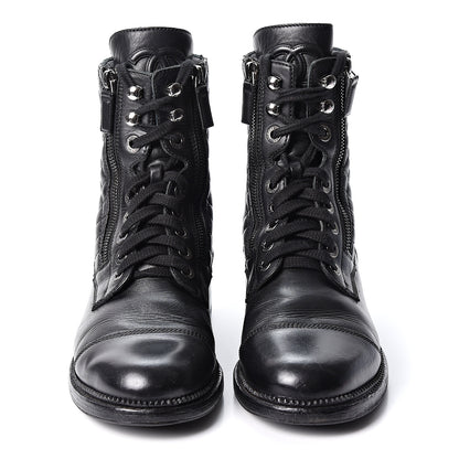 Chanel Calfskin Quilted Lace Up Combat Boots 38.5 Black 2 of 10