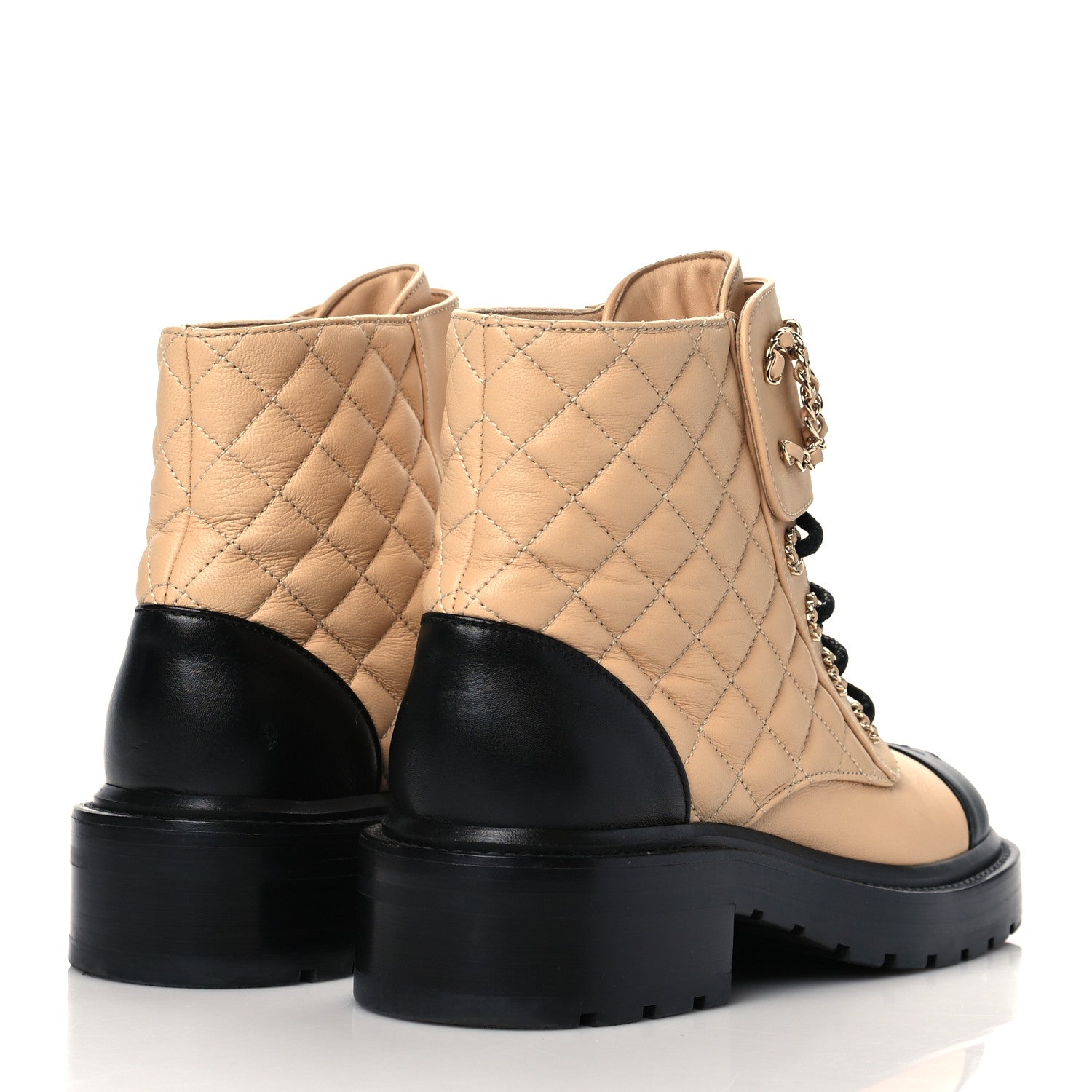 Chanel Lambskin Calfskin Quilted Lace Up Combat Boots 36 Beige Black 4 of 8