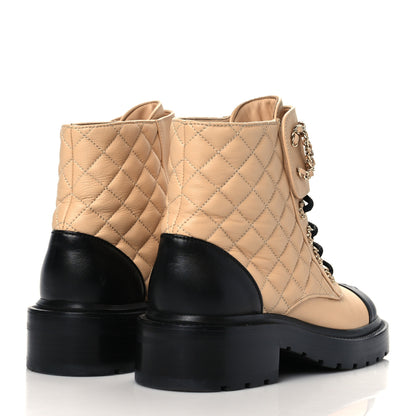 Chanel Lambskin Calfskin Quilted Lace Up Combat Boots 36 Beige Black 4 of 8