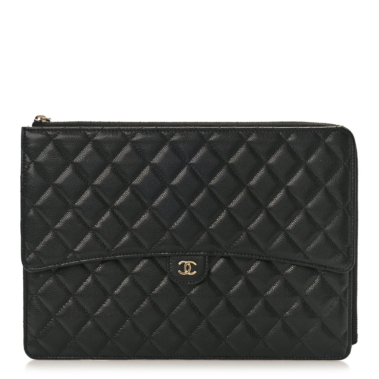 Caviar Quilted Large Flap Zip Clutch Black