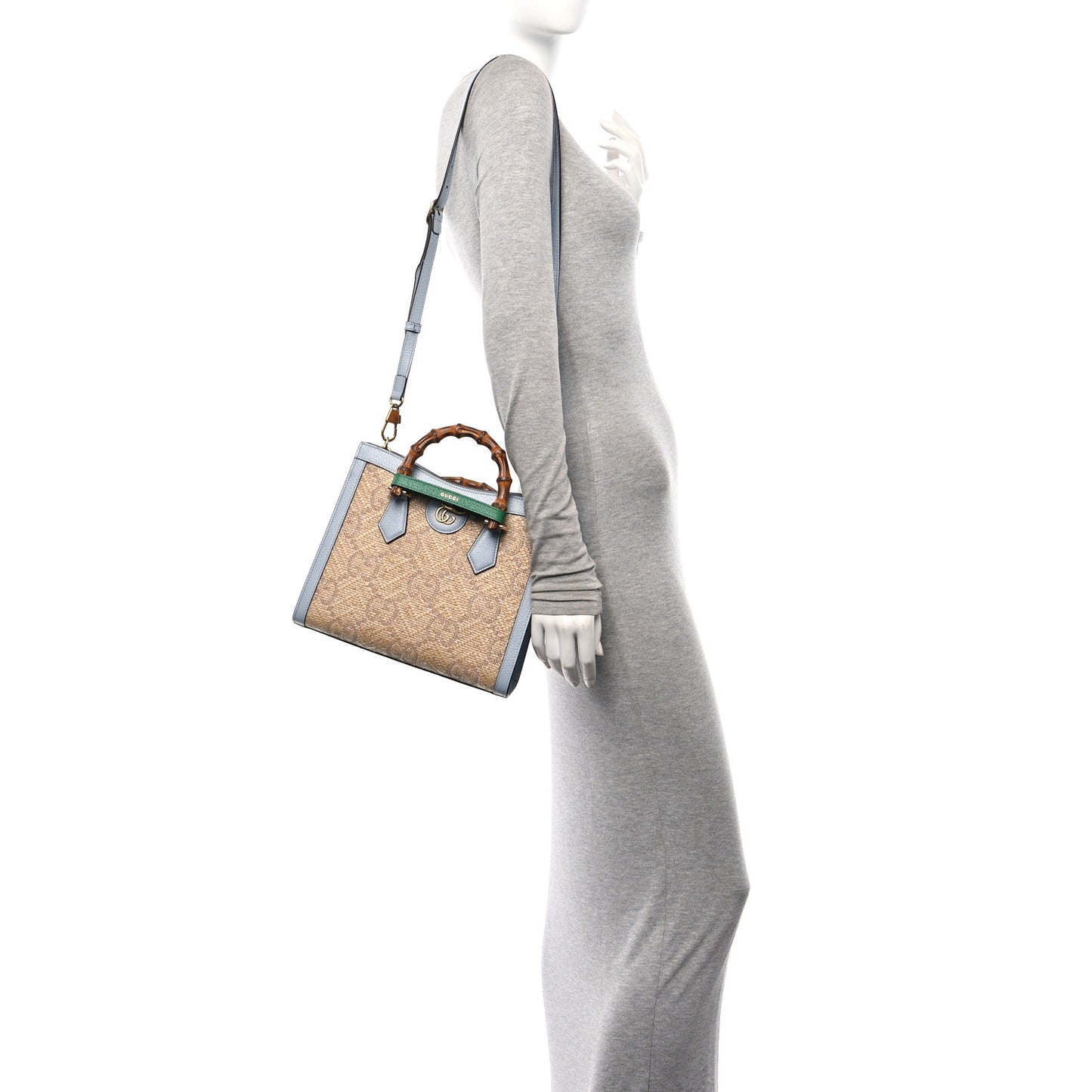 Raffia Textured Dollar Calfskin Web GG Monogram Small Diana Tote Bag Natural Brown New Shamarock Green
